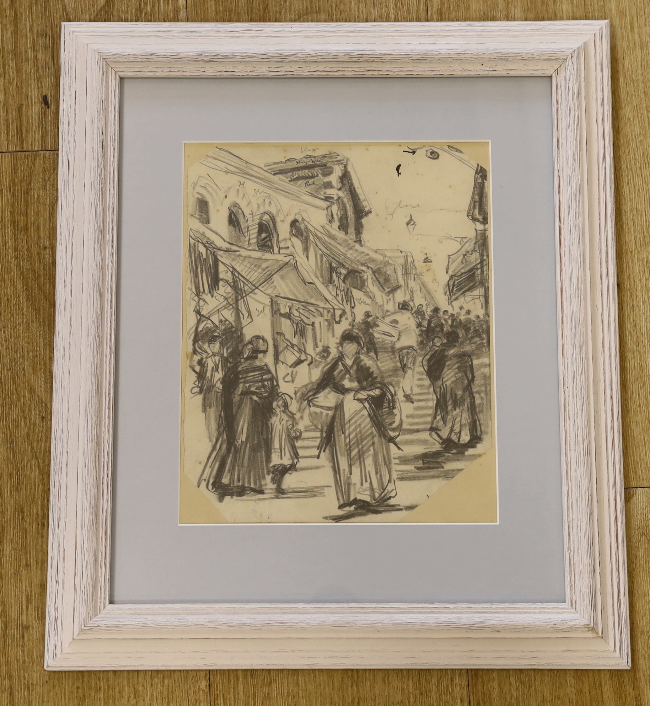 Joseph Crawhall (1861-1913), pencil drawing, Italian street scene with figures on steps, 27 x 22cm